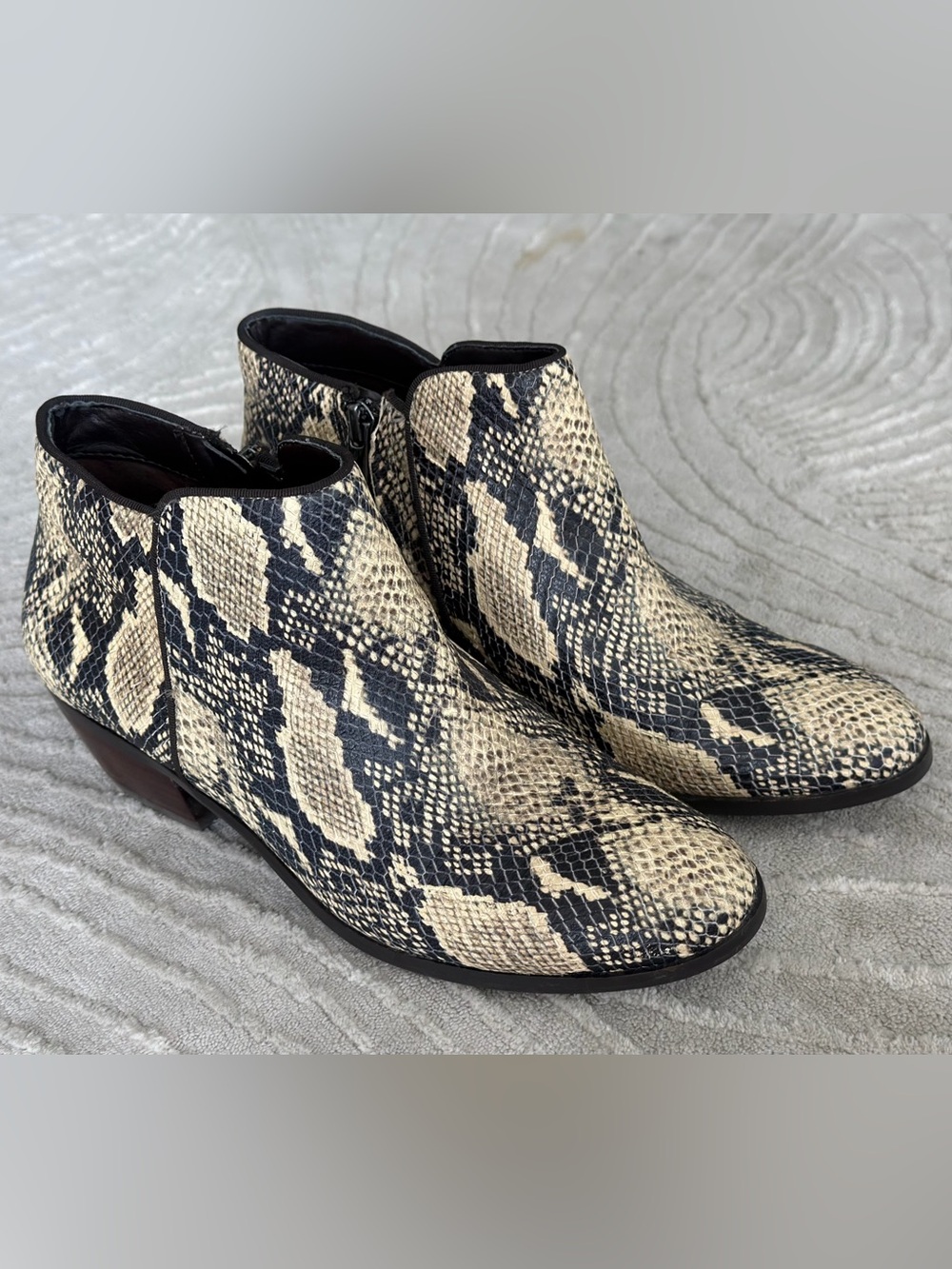 Sam Edelman Snake-Print Ankle Booties in Black and Beige